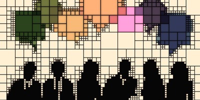 schwarze Personen in Umrissen, bunte Sprechblasen ohne Inhalt, in einem Raster von Kästchen verschiedener Größe